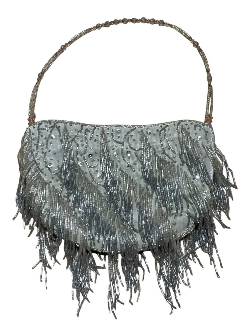 Silver Sequin Fringe Evening Bag With Beaded Handle & Satin Lining 8.5" x 6"